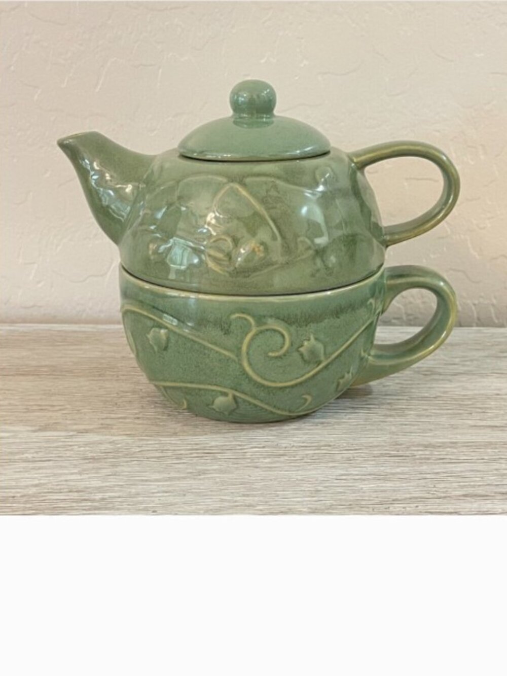 New Pier 1 Teapot Cup Mug 3 Pc Set Green Vine Flower Leaf Stoneware All In One